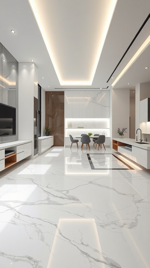 Modern kitchen with white epoxy flooring and illuminated ceiling features