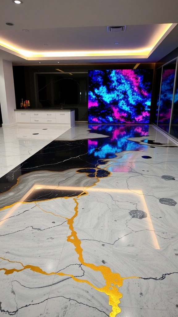 A modern interior showcasing illuminated metallic epoxy flooring with colorful lighting.