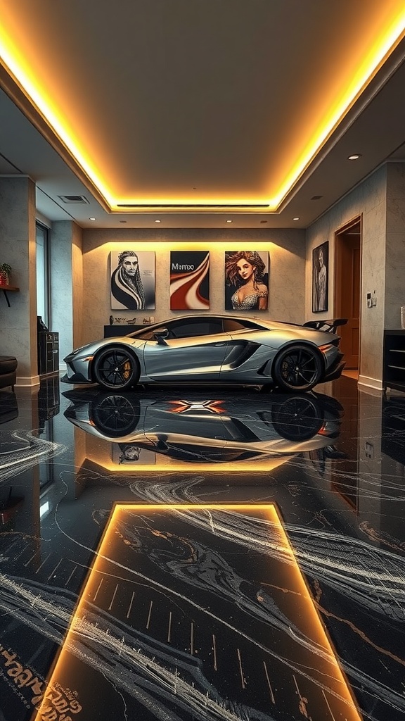 A luxury garage featuring a metallic epoxy floor with illuminated edges and modern decor.