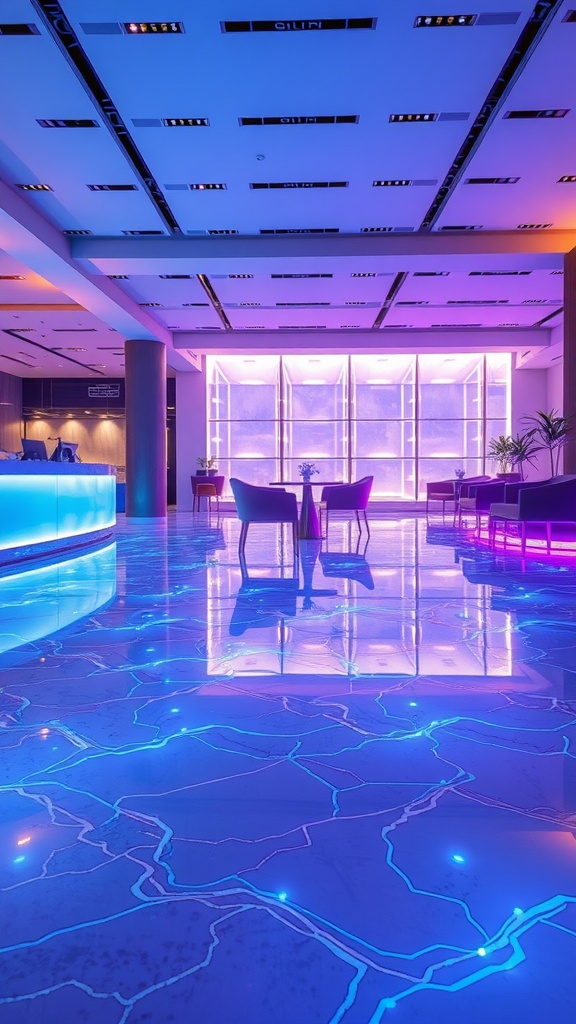 An illuminated epoxy floor with blue and purple lighting in a modern interior