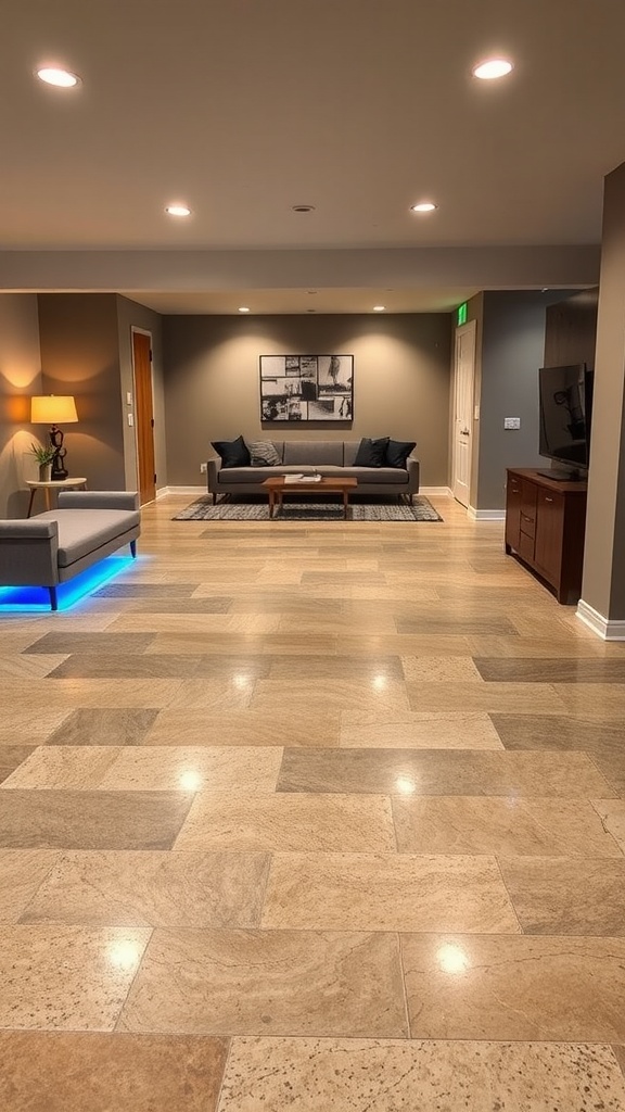 Modern basement interior with illuminated epoxy floors and stylish furnishings