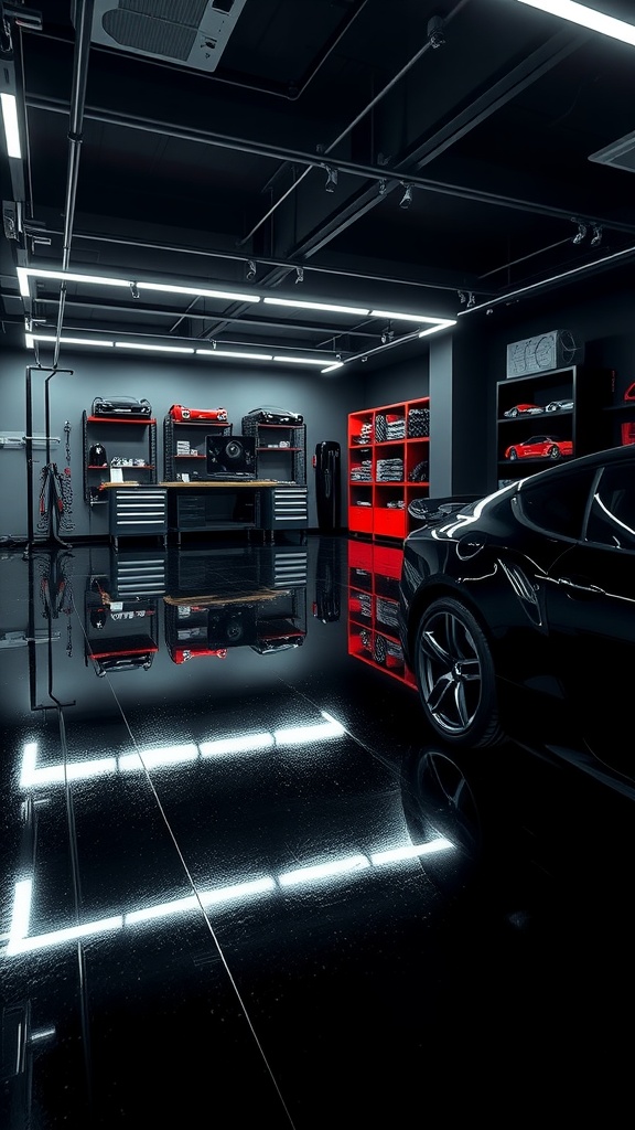 A modern garage with illuminated black epoxy floors reflecting bright light, showcasing a sleek design and organized workspace.