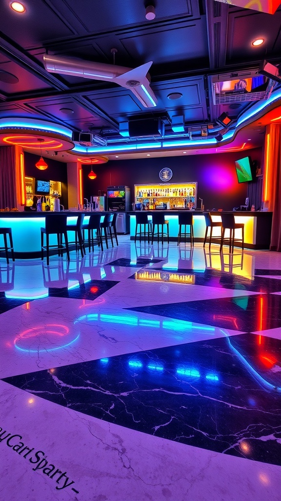 A vibrant bar with illuminated epoxy flooring reflecting colorful lights