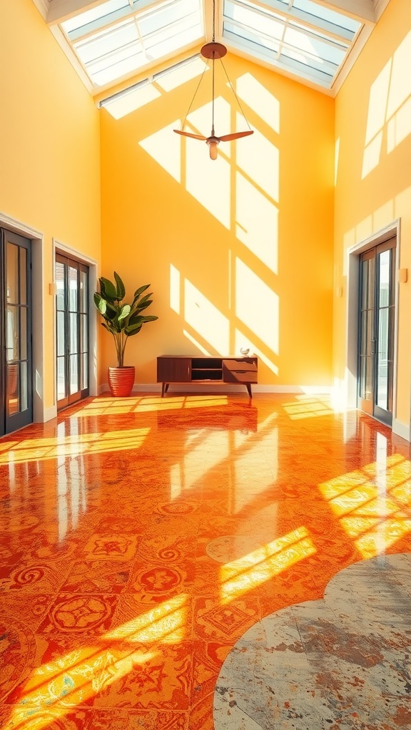 Illuminated epoxy floor design featuring black base and orange flowing accents