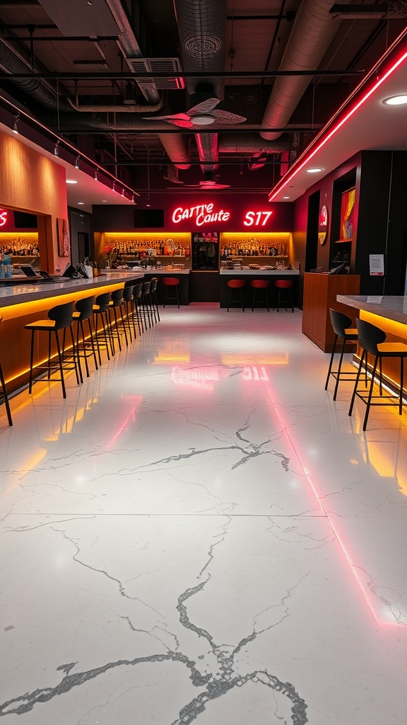 Modern bar interior with illuminated epoxy concrete floor