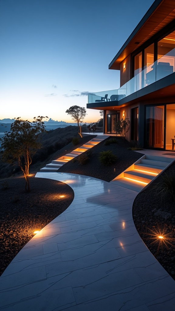 An illuminated epoxy path leading to a modern hillside home at dusk.