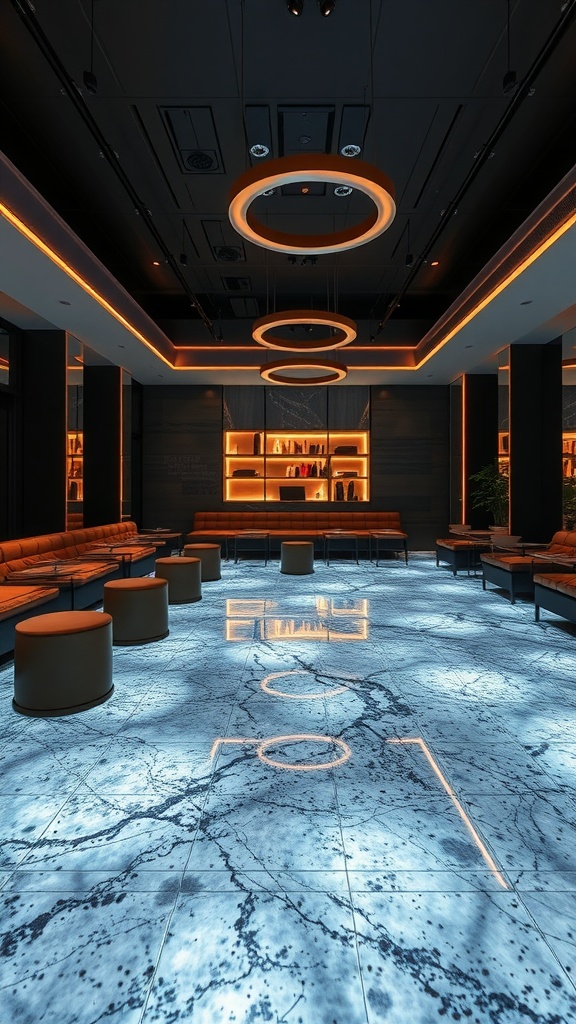 A modern living space with polished floors reflecting light, showcasing the concept of illuminated floors with LED integration.