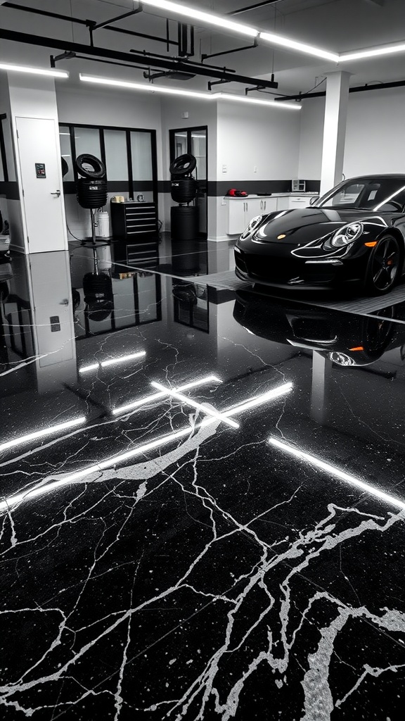 A sleek black marble epoxy floor with illuminated underfloor lighting in a modern garage.