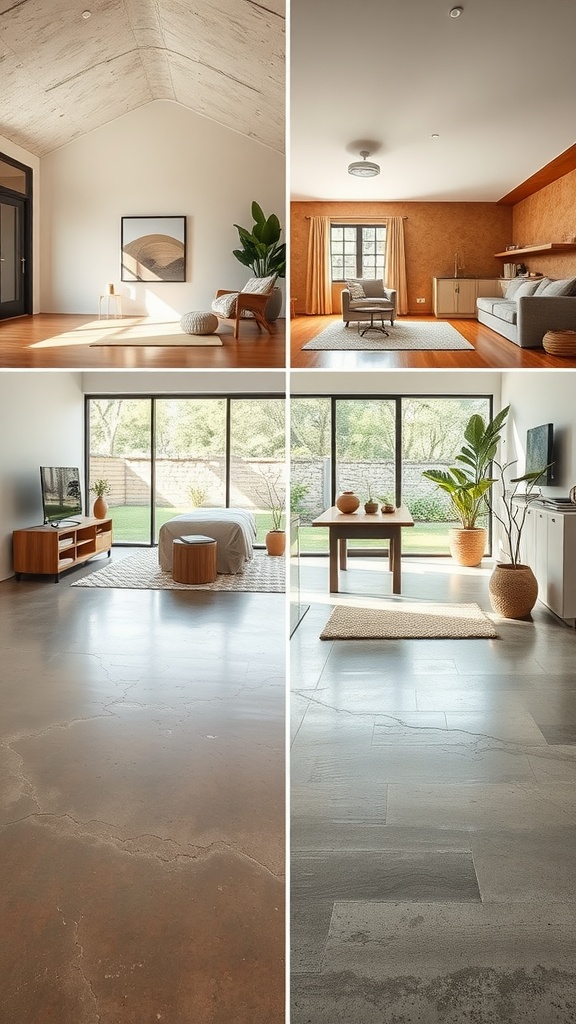 A cozy living area showcasing rustic cement flooring with various design elements