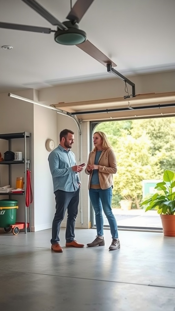 Two people discussing a garage makeover with a beautiful epoxy floor.