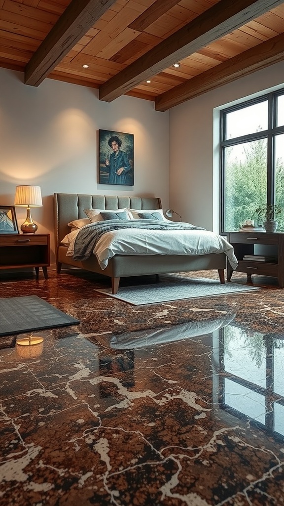 A bright bedroom featuring epoxy concrete floors, showcasing a cozy ambiance with a fan and wooden furniture.