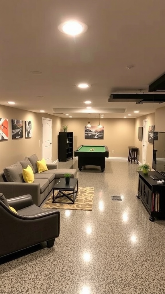 Image showing a finished epoxy floor in a basement with graphics about humidity and moisture levels