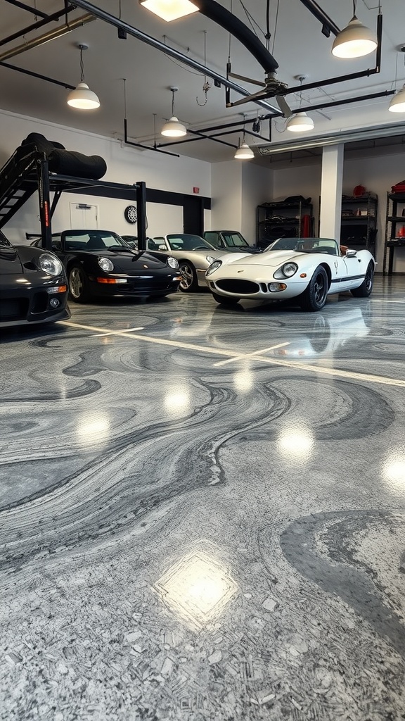 A room with epoxy flooring displaying custom color blends under natural light.