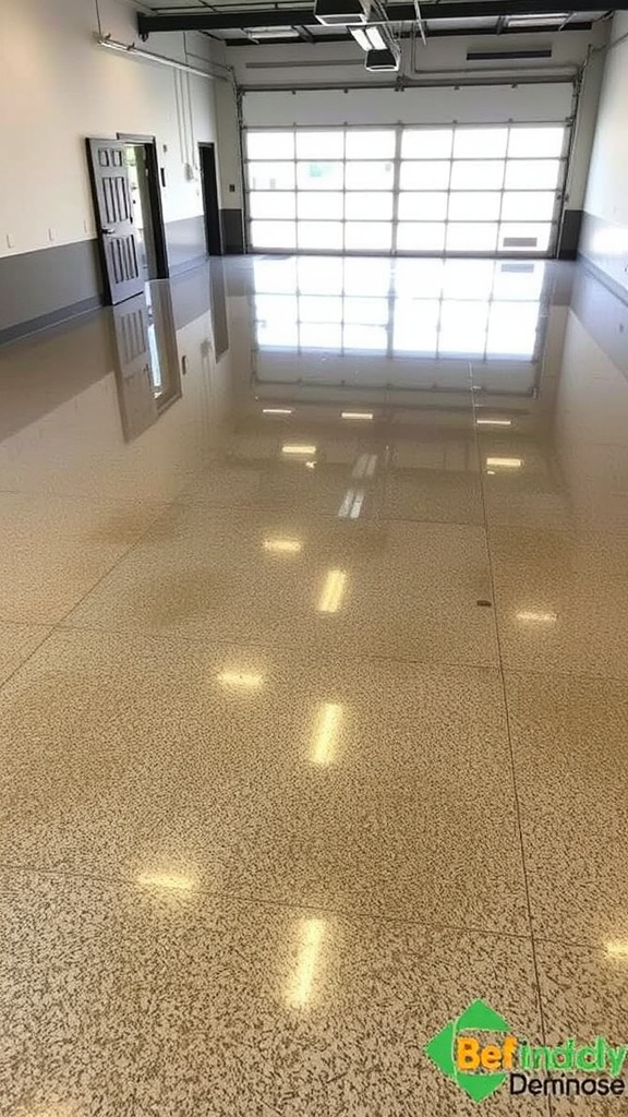 A thermometer indicating temperature with a modern space featuring epoxy flooring in the background.
