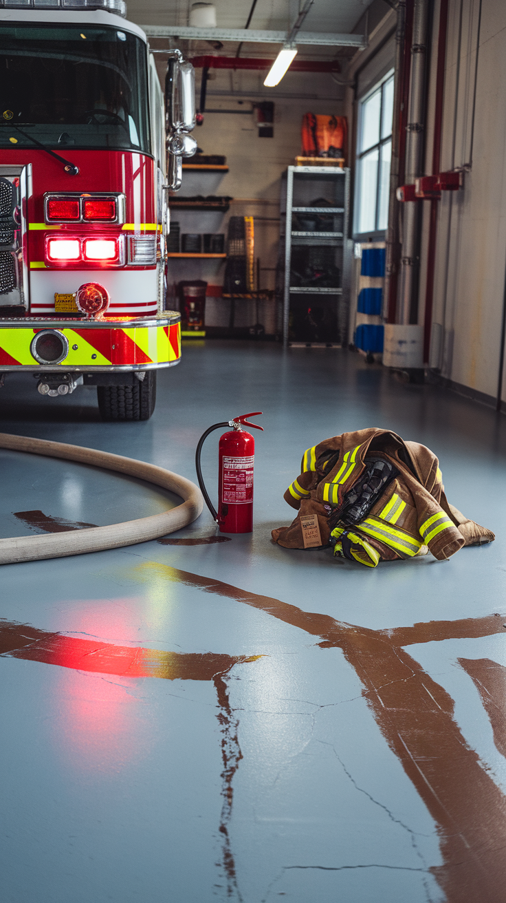 Fire truck in a garage with firefighting equipment on an epoxy coated floor