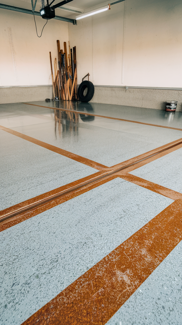 A modern epoxy garage floor with a shiny surface, showcasing a clean, organized space.
