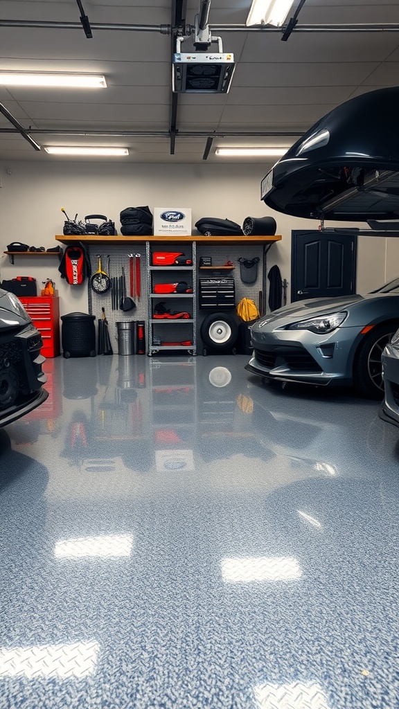 A modern garage with shiny epoxy flooring and luxury cars inside.