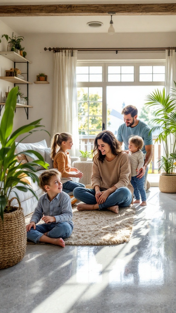 A family enjoying quality time indoors surrounded by plants and natural light.