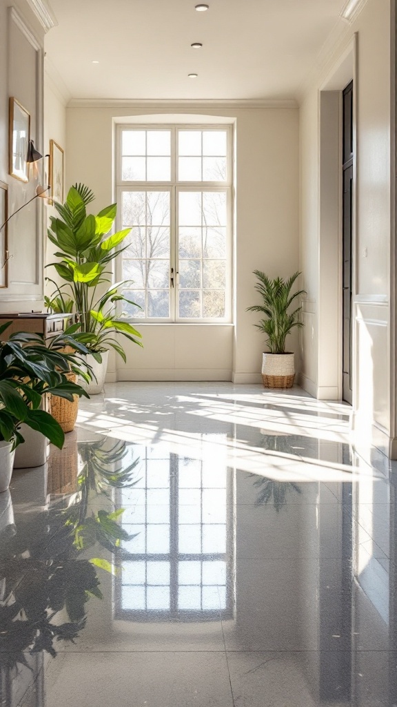 Bright hallway with polished floor reflecting sunlight and plants.