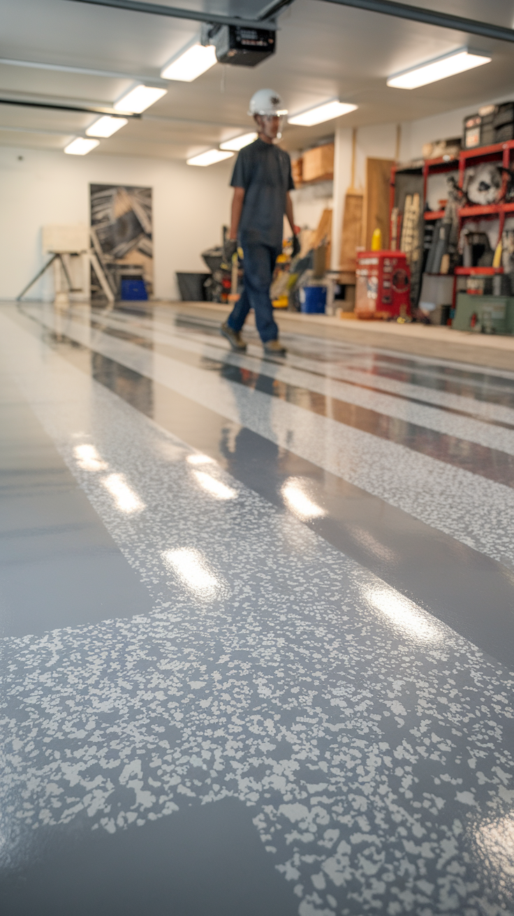 A person walking on a newly installed epoxy floor in a garage.