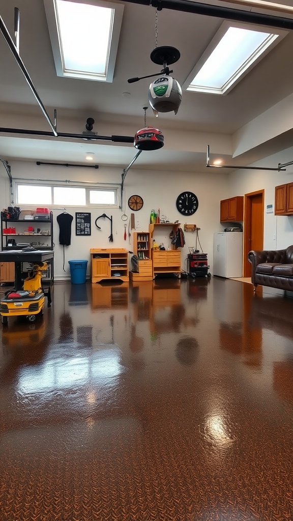A spacious garage with dark epoxy floor, skylights, and organized storage.