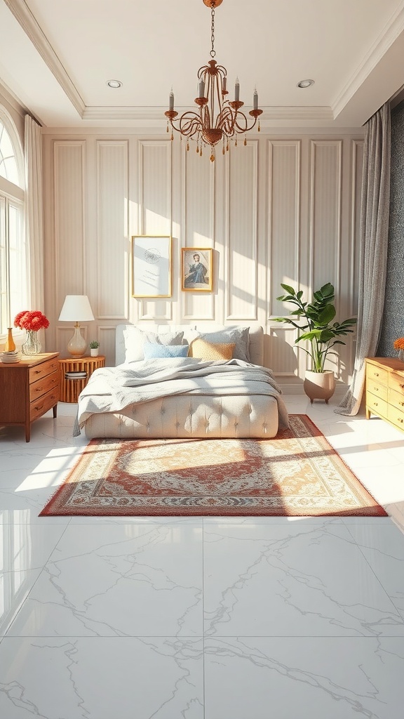 A stylish bedroom featuring epoxy floors and an area rug, showcasing a cozy and inviting atmosphere.