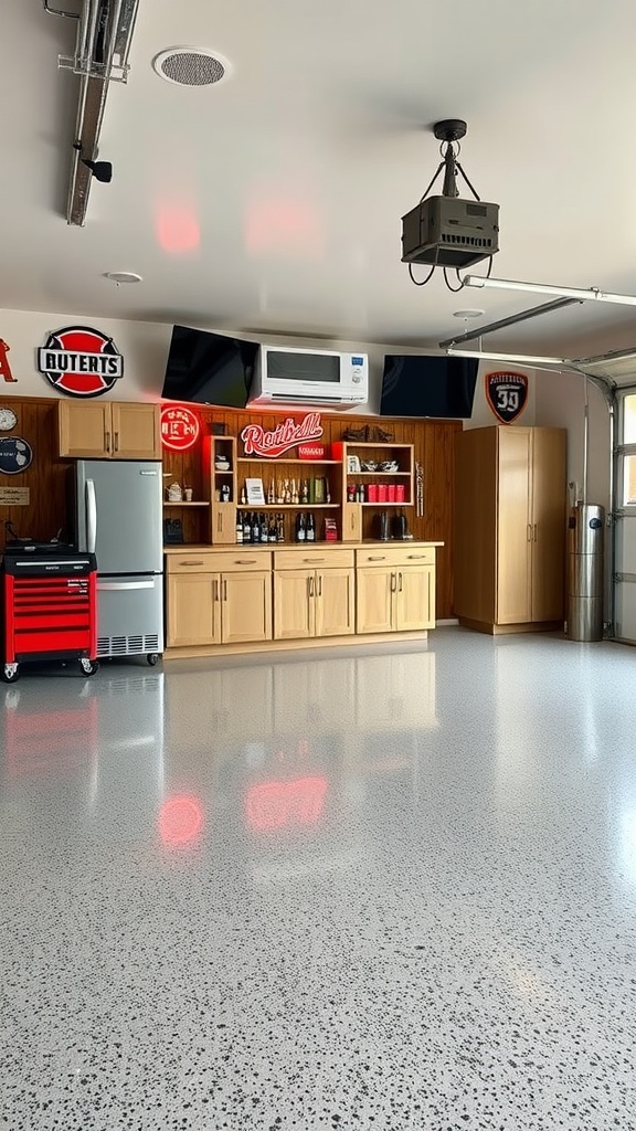 A stylish garage bar setup featuring built-in storage cabinets, a shiny epoxy floor, and a cozy atmosphere.