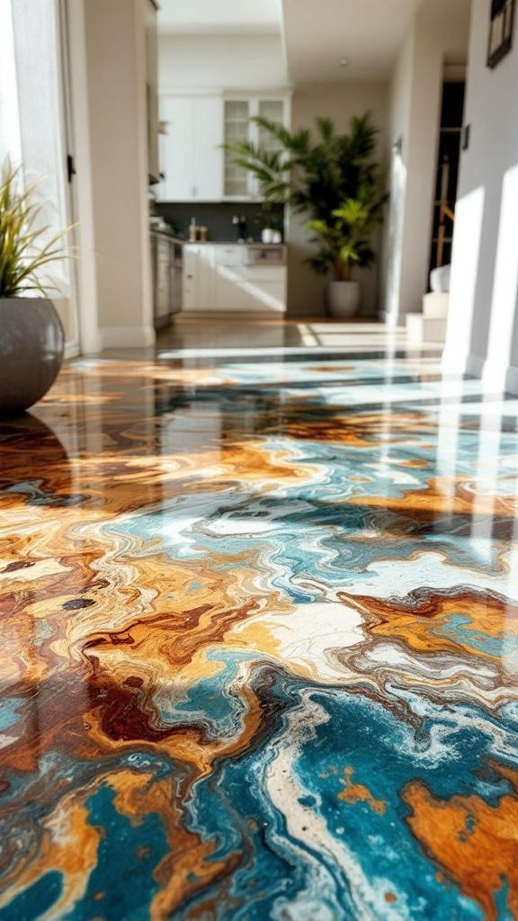 A beautifully stained epoxy floor featuring rich browns and vibrant blues, showcasing a unique design.