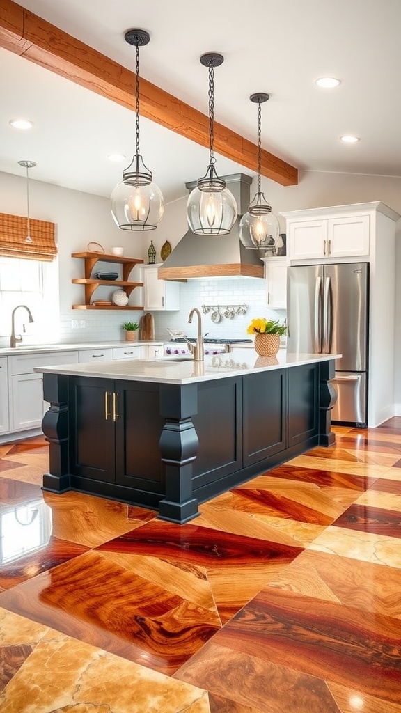 A modern farmhouse kitchen featuring a colorful epoxy island table and epoxy flooring.