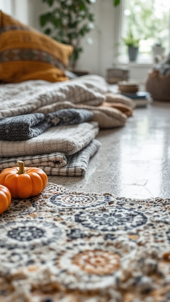 A cozy living area with neatly folded blankets, decorative pillows, and small pumpkins on a patterned rug