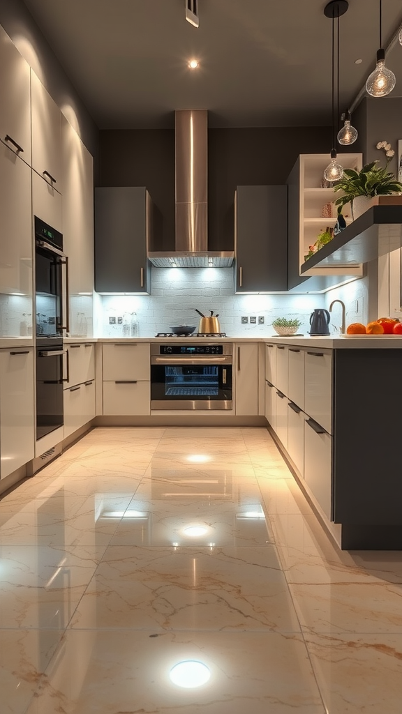 A modern kitchen with custom artwork on the epoxy floor, featuring colorful designs and text.