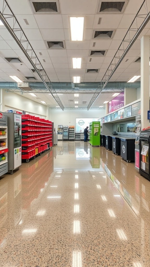 A workshop with a beautifully patterned epoxy floor, showcasing tools and colorful design materials.