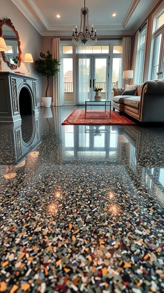 A living area with a luxury epoxy floor featuring decorative flakes, showcasing elegant furniture and a chandelier.