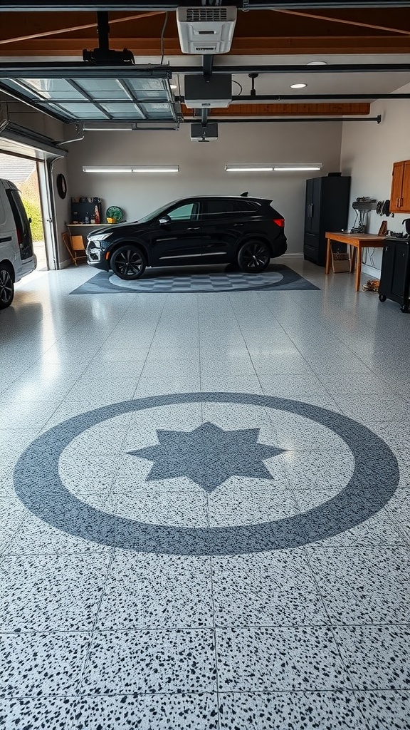 A modern garage with a speckled epoxy floor featuring a central design, showcasing a sleek vehicle and organized workspace.