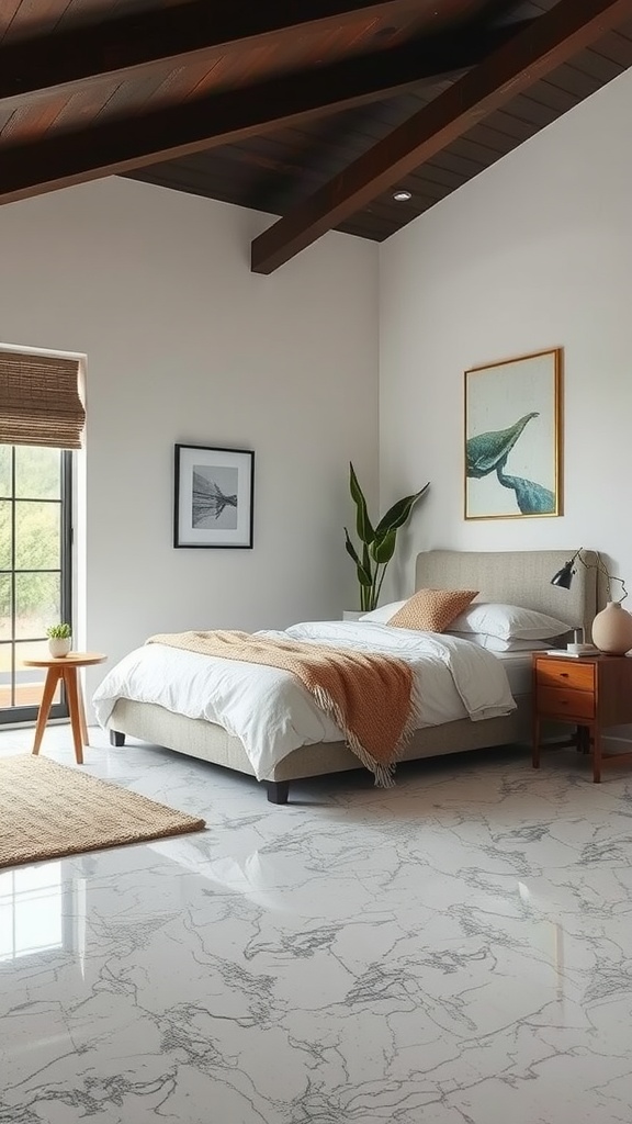 A bright and stylish bedroom featuring epoxy flooring with intricate designs and a cozy bed setup.