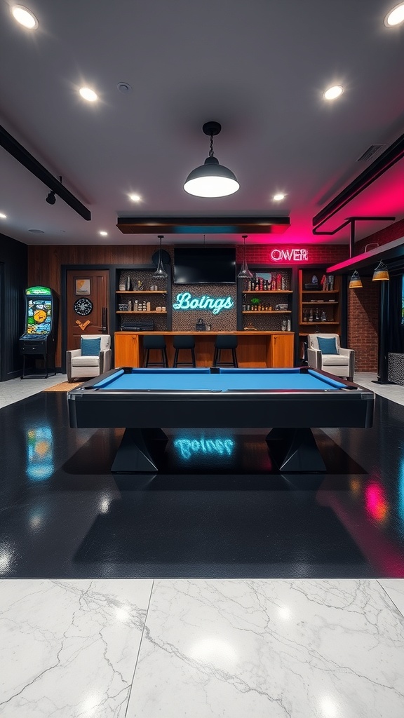 A stylish home gym with a metallic epoxy floor, featuring a pool table and modern decor.