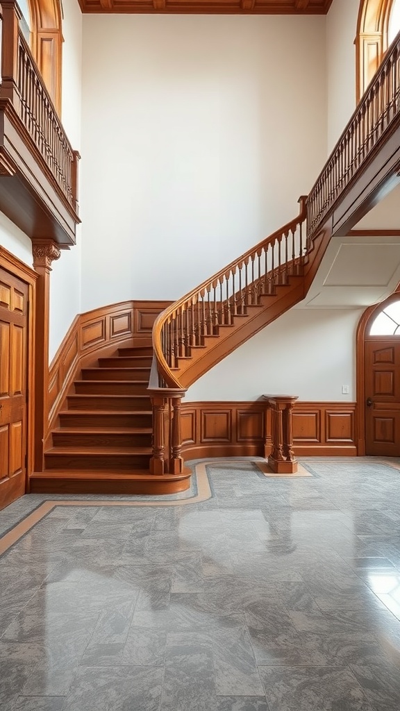 A grand staircase with wooden railings set against glossy epoxy flooring.