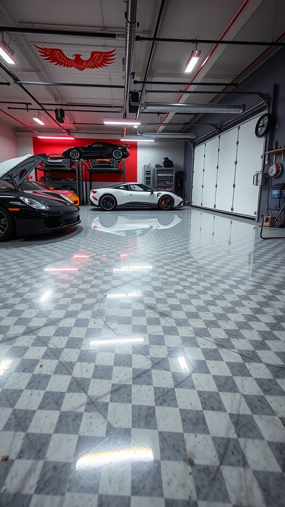 A stylish garage with a glossy epoxy floor featuring a checkerboard pattern, showcasing luxury design elements.