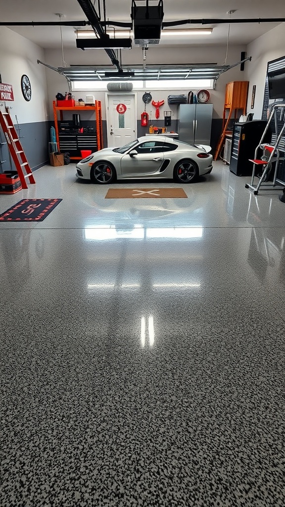 A modern garage with a sleek epoxy floor, a sports car, and organized tools.