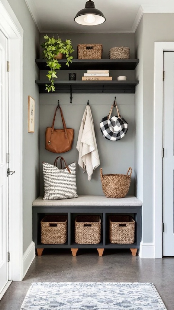 Stylish entryway featuring a bench, storage baskets, and hooks for bags and towels.