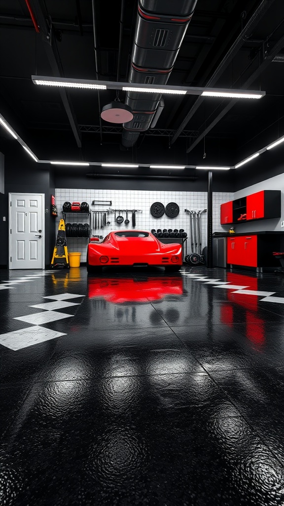 A modern garage featuring a black epoxy floor, vibrant red car, and organized functional zones.