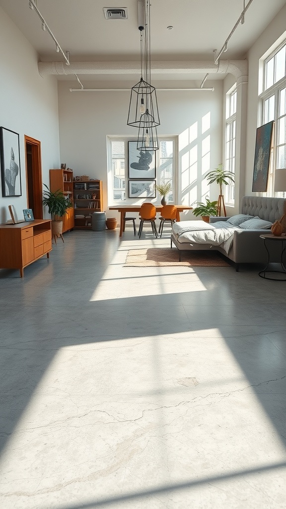 Bright interior room with geometric concrete flooring and modern decor