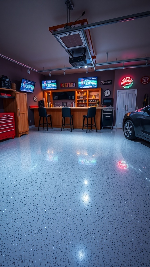 A modern garage bar featuring sleek furniture and illuminated glow-in-the-dark epoxy flooring.
