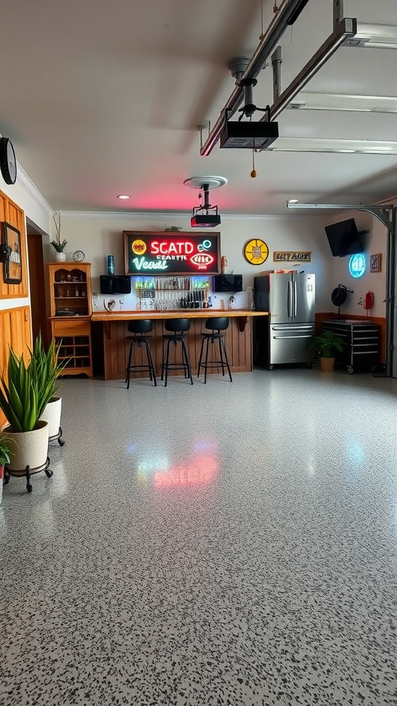 A stylish garage bar with a high-performance epoxy floor and potted plants, creating a cozy atmosphere.