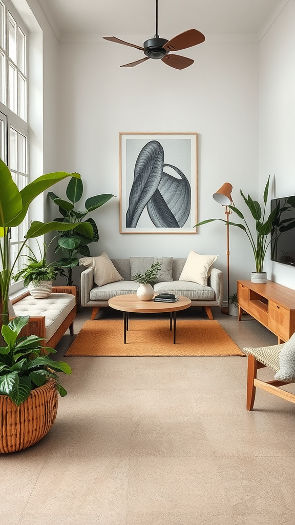 A modern living room featuring glossy epoxy flooring with orange heating tubes integrated beneath the surface.