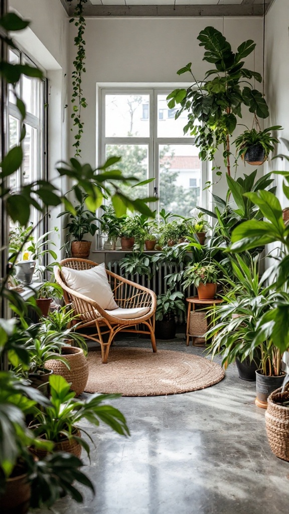 A cozy indoor space filled with various plants and a comfortable chair.