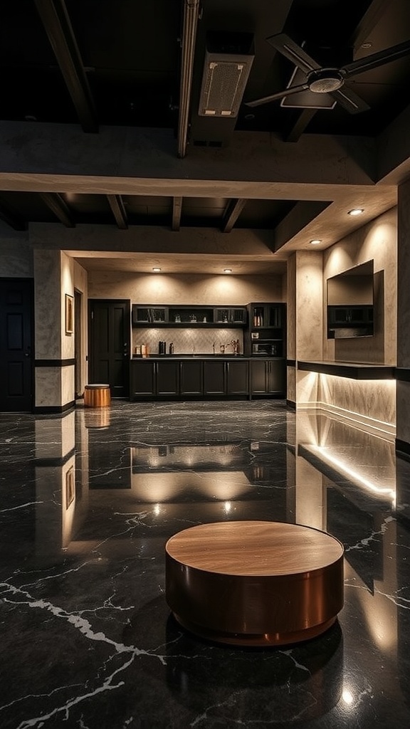 Modern basement with epoxy flooring and LED lighting highlighting the design