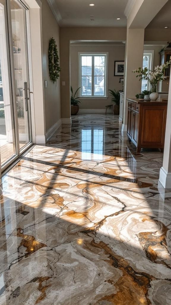 A beautifully stained epoxy floor with natural light reflecting off its surface, showcasing intricate patterns and textures.