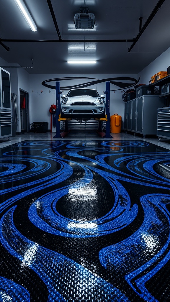 A garage with a metallic blue and black epoxy floor illuminated by LED lights.