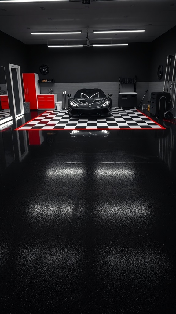Modern garage with black epoxy floor and LED lighting